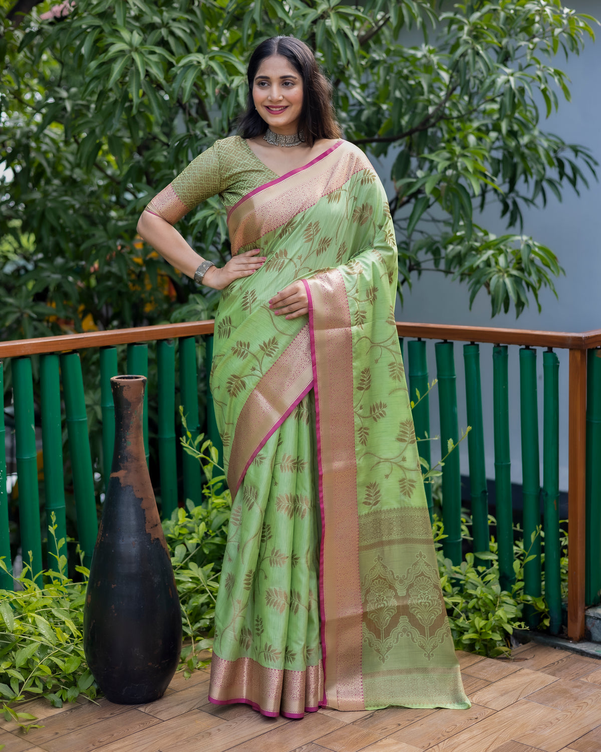 Majestic Premium Banarasi Asparagus Green Kanchi Semi Silk Saree