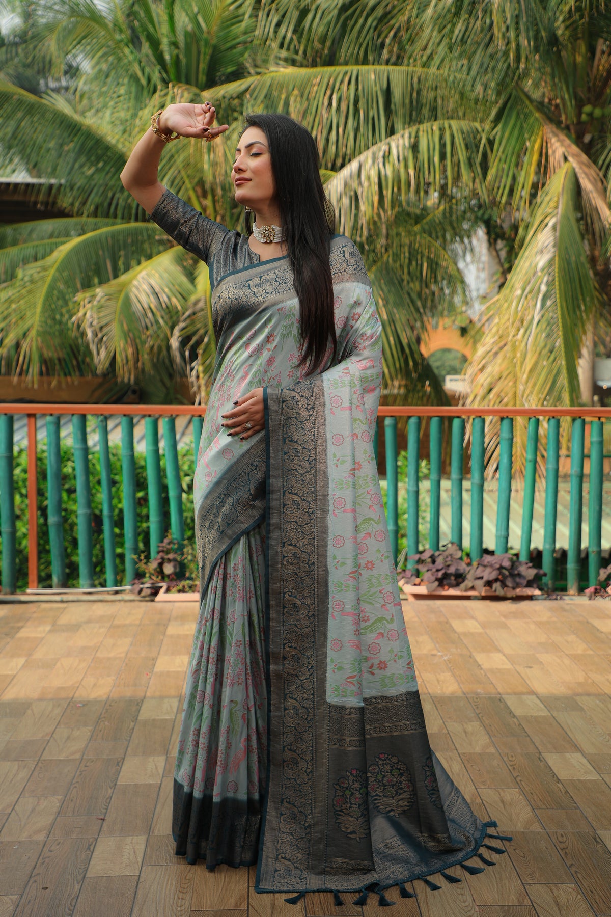 Beautiful Handwork Grey Colour Banarasi Soft Silk Saree