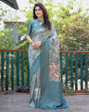 Gorgeous Rama Blue Digital Print Soft Banarsi Silk Saree