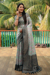 Beautiful Handwork Grey Colour Banarasi Soft Silk Saree