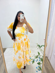 Gazing Tea Length Canary Yellow Heavy Georgette Gown