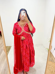 Wordle Bandhani Printed Rosy Red Anarkali Gown