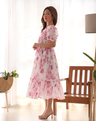 Diara Pink Blossom Pure Soft Georgette Frock with Floral Prints