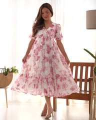 Diara Pink Blossom Pure Soft Georgette Frock with Floral Prints