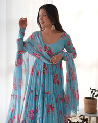 Trending  Georgette Three Layer Gathering Flair Anarkali With Floral Print