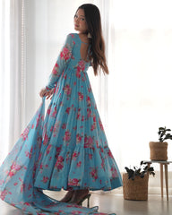 Trending  Georgette Three Layer Gathering Flair Anarkali With Floral Print