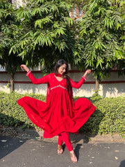 Red Cherry Pure Fox Fox Georgette Handmade Aliacut  Set And One Of Best Seller