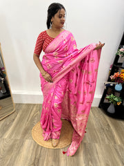 Beautiful Neon Pink Woven Smooth Silk Banarasi Saree