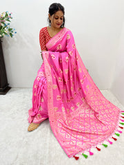 Beautiful Neon Pink Woven Smooth Silk Banarasi Saree