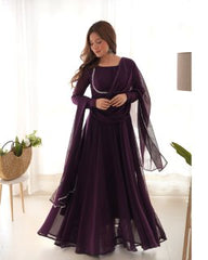 Heavy Pure Soft Fox Georgette Wine Anarkali Dupatta Set