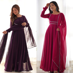 Heavy Pure Soft Fox Georgette Wine Anarkali Dupatta Set