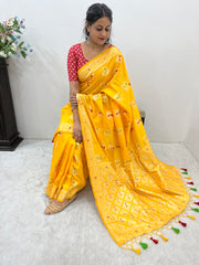 Beautiful Haldi Yellow Woven Smooth Silk Banarasi Saree