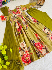 Charvitha Olive Green Handwork Alia Cut Anarkali Gown