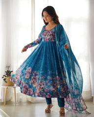 Cherry Blossom Printed Rama Pure Organza Anarkali Gown