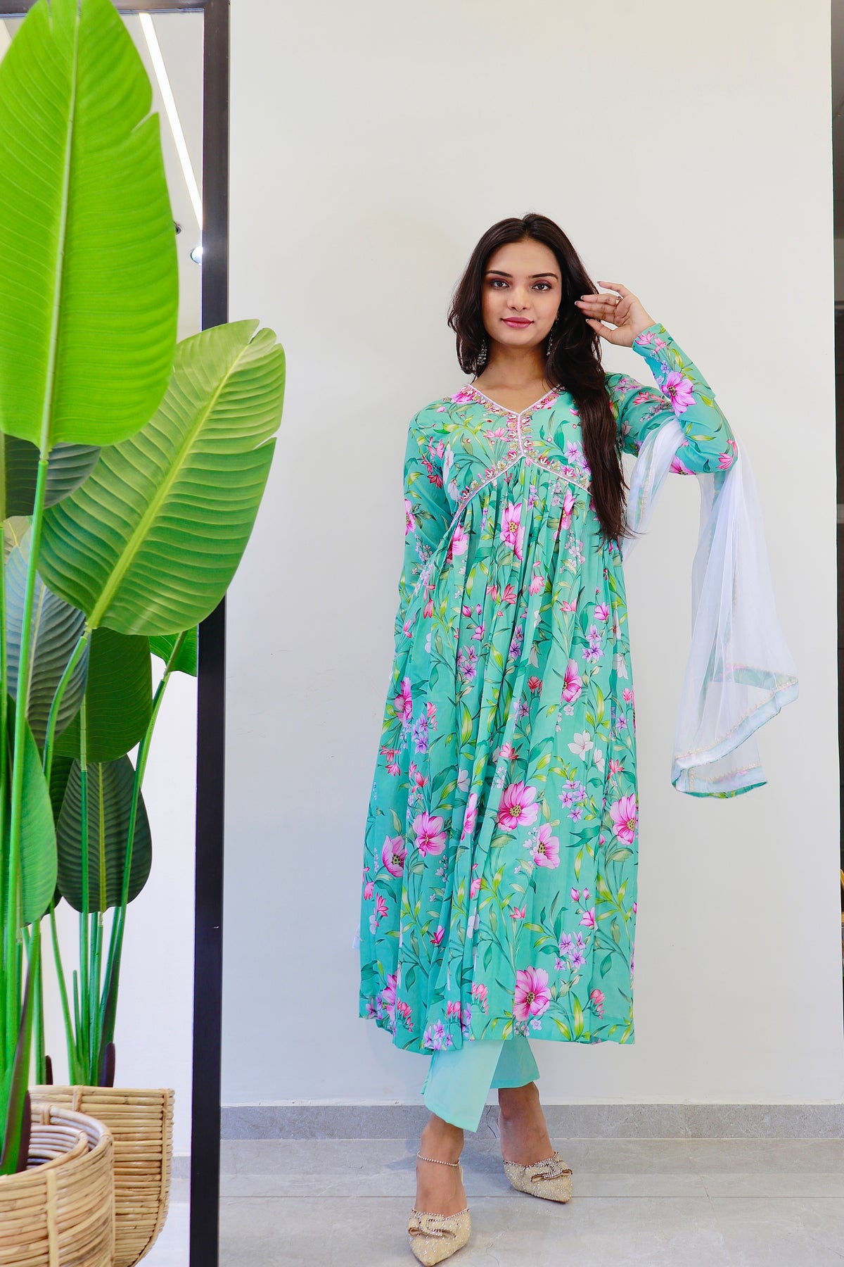 Aurara C-Green Handmade Aliyacut Dress With Digital Print