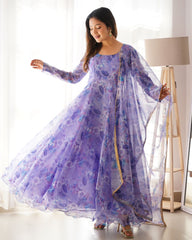 Best Seller Pade Lavender  Anarkali With Floral Print And 8MTR Flair
