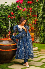 Dark Cyan Digital Floral Printed Pure Organza Anarkali Gown