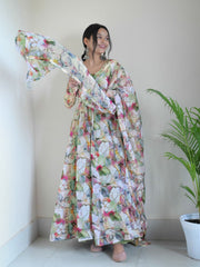 Luxurious Pastel White Digital Printed Pure Organza Anarkali Dress