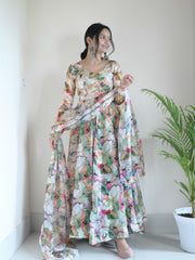 Luxurious Pastel White Digital Printed Pure Organza Anarkali Dress