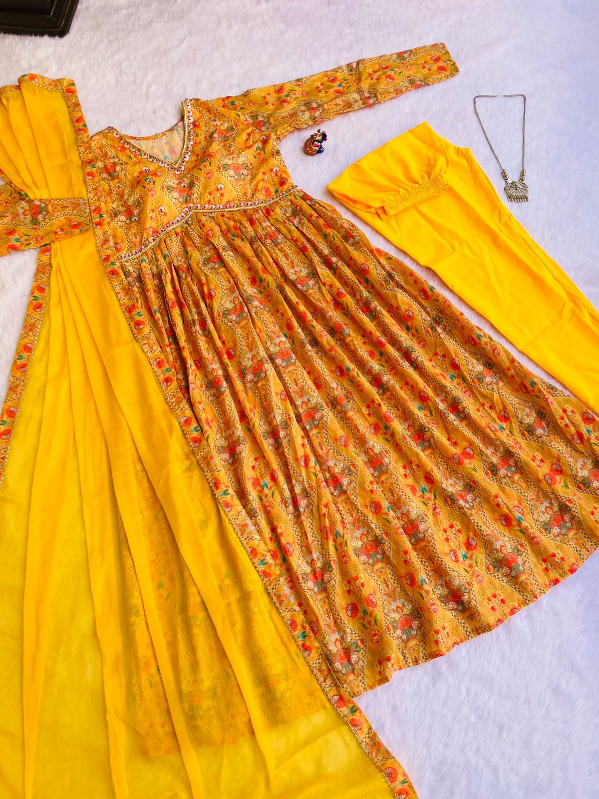 Amber Yellow Muslin Cotton Aliyacut Dress With Handwork