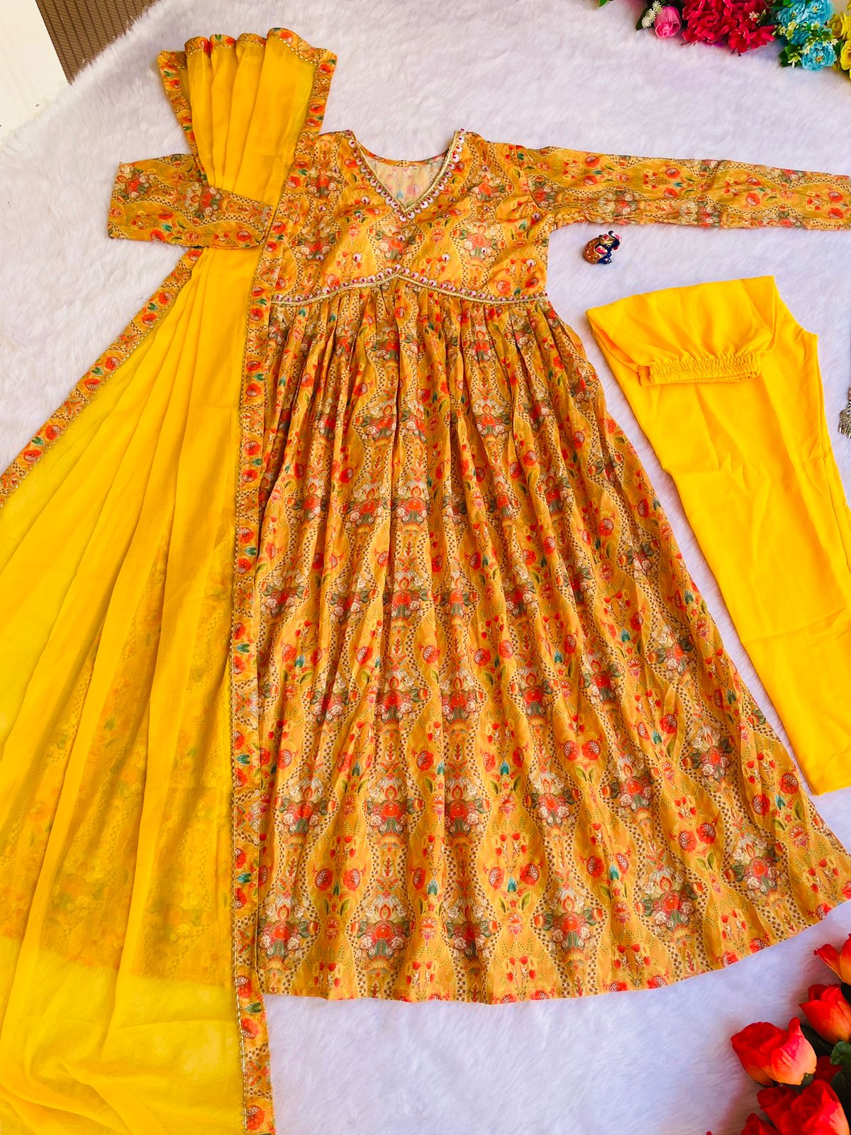 Amber Yellow Muslin Cotton Aliyacut Dress With Handwork