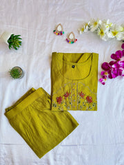 Olive Green Pure Cotton Handwork Co-ord Set