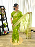 Chhavi Golden Zari Printed Neon Green Pure Organza Saree