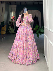 Exquisite Soft Pink Floral Print Heavy Georgette Gown
