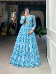 Exquisite Light Blue Floral Print Heavy Georgette Gown