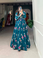 Exquisite Dark Cyan Floral Print Heavy Georgette Gown