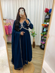 Radha Blue Color Pure Georgette Fabric With Handmade Alia Design