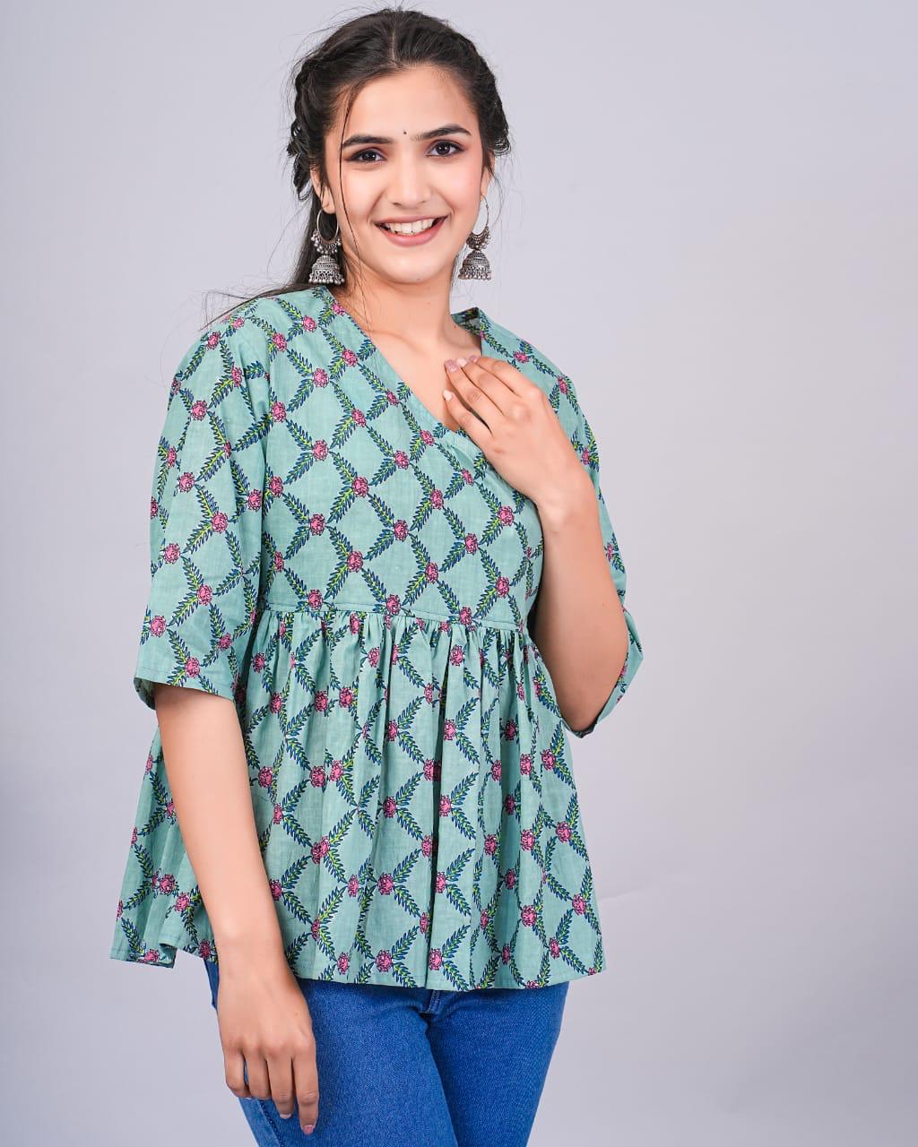 Jaipuri Angrakha Style C-Green Cotton Short Kurti
