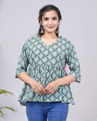 Jaipuri Angrakha Style C-Green Cotton Short Kurti