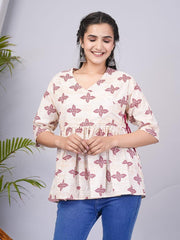 Jaipuri Angrakha Style Cream Cotton Short Kurti