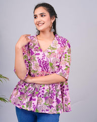 Jaipuri Angrakha Style Lavender Cotton Short Kurti