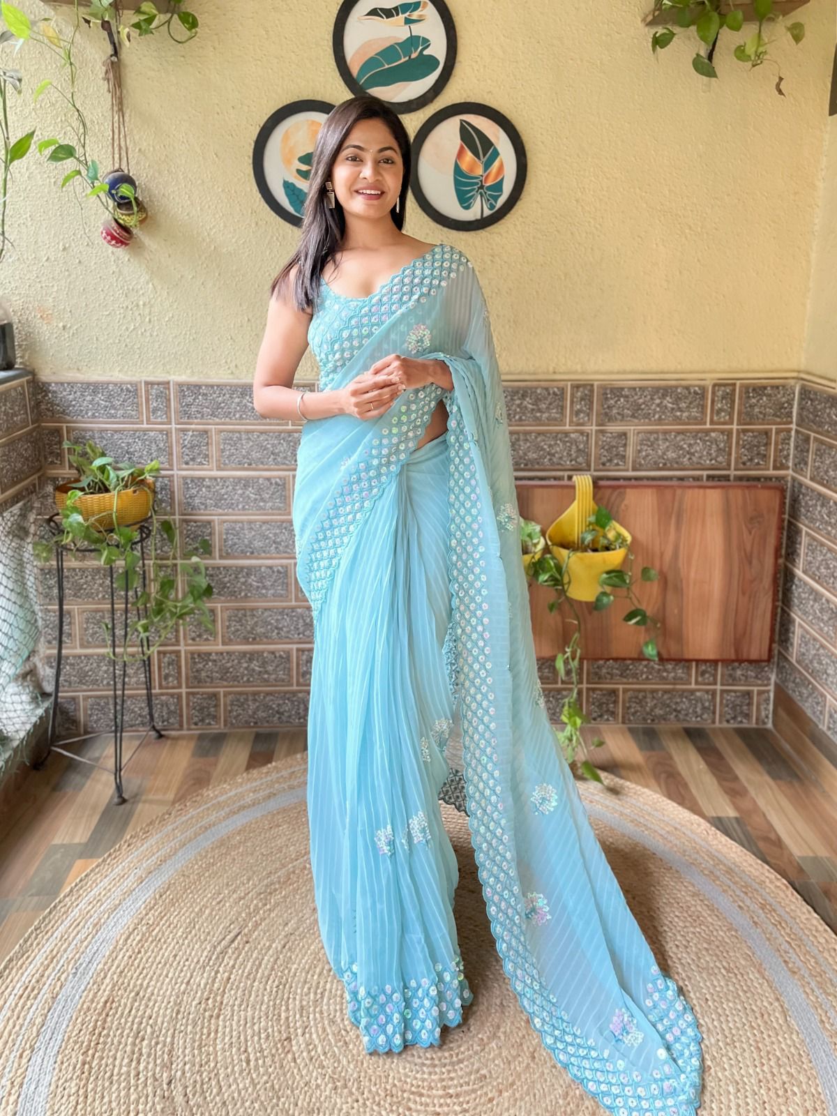 Presenting You Most Beautiful Sky Blue  Crush Sequence Georgette Saree