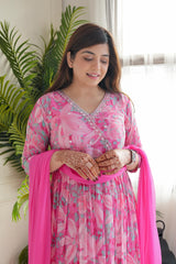 Angrakha Style Pure Chiffon Pink Color Handwork Anarkali