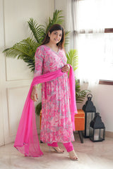 Angrakha Style Pure Chiffon Pink Color Handwork Anarkali