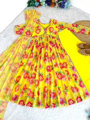 Raashi Haldi Yellow Floral Printed Heavy Georgette Saree