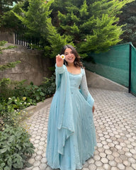 Sky Blue Titli Handworked Anarkali Gown