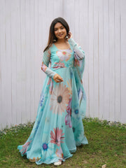 Chic Motif Floral Printed Turquoise Blue Pure Organza Anarkali Gown