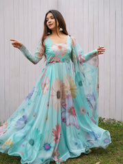 Chic Motif Floral Printed Turquoise Blue Pure Organza Anarkali Gown