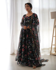 Organza Blacklily Anarkali Set With Floral Print