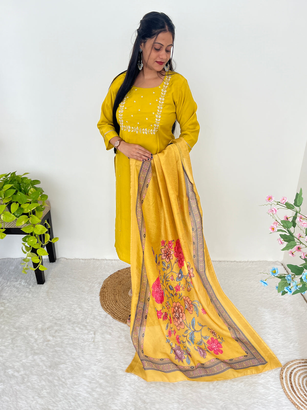 Surbhi Mustard Yellow  Roman Silk Handworked Kurti Set