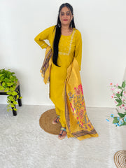 Surbhi Mustard Yellow  Roman Silk Handworked Kurti Set