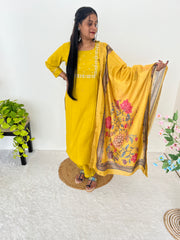 Surbhi Mustard Yellow  Roman Silk Handworked Kurti Set