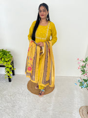 Surbhi Mustard Yellow  Roman Silk Handworked Kurti Set