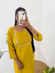 Surbhi Mustard Yellow  Roman Silk Handworked Kurti Set