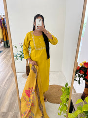 Surbhi Mustard Yellow  Roman Silk Handworked Kurti Set