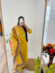 Surbhi Mustard Yellow  Roman Silk Handworked Kurti Set